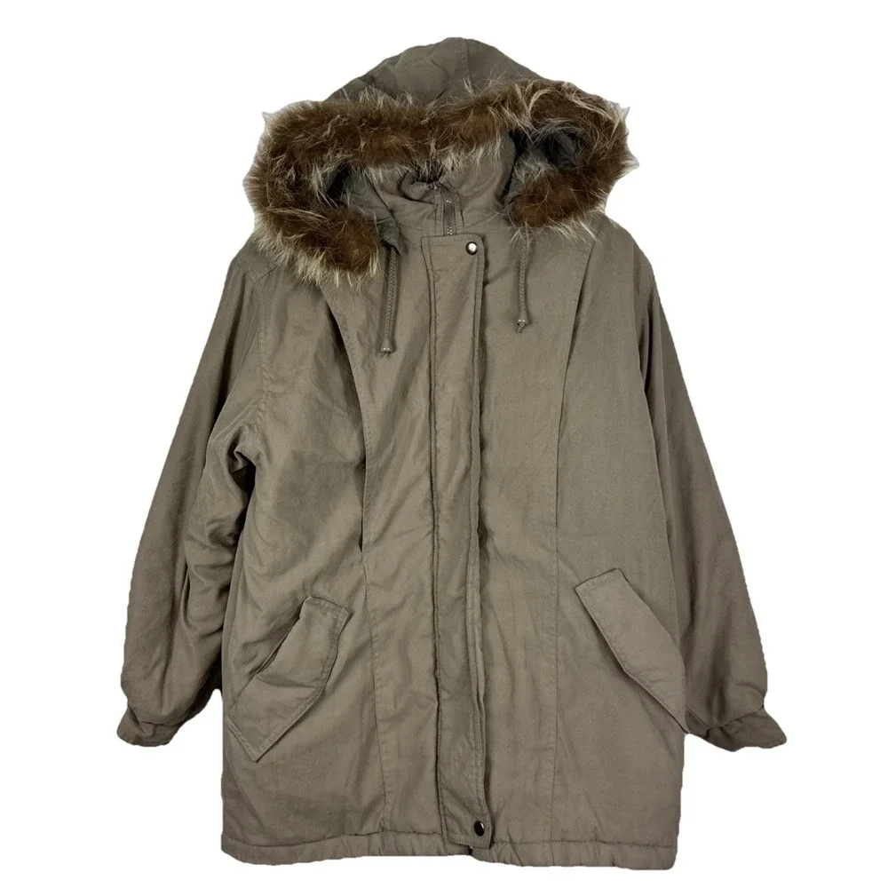 Jacqueline Ferrar Parka Coat Womens Medium Tan Long Raccon Fur Hood Heavy Jacket